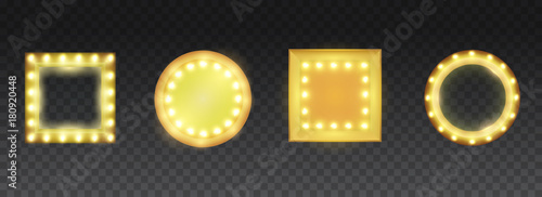 Set of circle and square frame, box, banner or border with shining lights bulbs in vintage retro style on transparent background. Realistic 3d vector illustration.