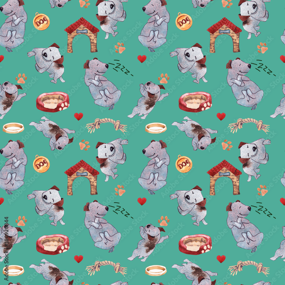 Puppy dog playing with ball hand drawing watercolor seamless pattern Puppy dog playing with ball hand drawing watercolor seamless pattern
