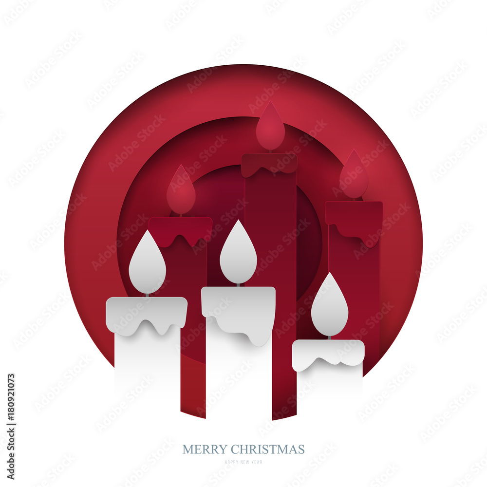 Traditional candles in paper cut trendy craft cartoon style. Christmas, new year modern design for advertising, branding background greeting card, cover, poster, banner. Vector illustration. Traditional candles in paper cut trendy craft cartoon style. Christmas, new year modern design for advertising, branding background greeting card, cover, poster, banner. Vector illustration.