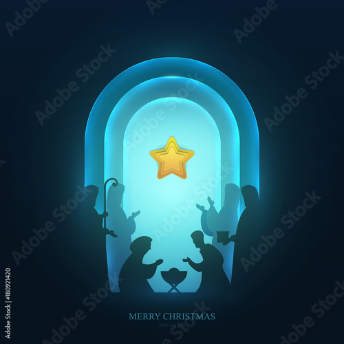 Baby jesus born in Bethlehem in paper cut trendy craft cartoon style. Christmas, new year modern design for advertising, branding background greeting card, cover, poster, banner. Vector illustration.