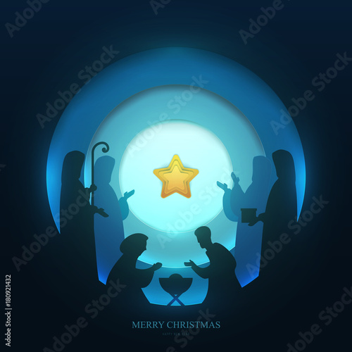 Baby jesus born in Bethlehem in paper cut trendy craft cartoon style. Christmas, new year modern design for advertising, branding background greeting card, cover, poster, banner. Vector illustration.