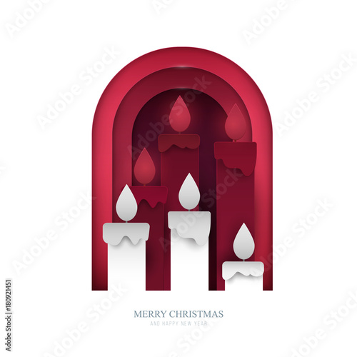 Traditional candles in paper cut trendy craft cartoon style. Christmas, new year modern design for advertising, branding background greeting card, cover, poster, banner. Vector illustration.