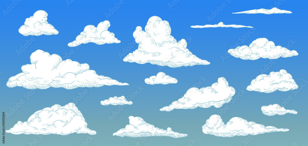 Fototapeta premium Cartoon clouds on day sky in vintage retro style. Vector illustration.