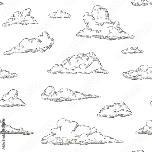Seamless pattern clouds in hand drawn vintage retro style isolated on white background. Cartoon design elements. Vector illustration.