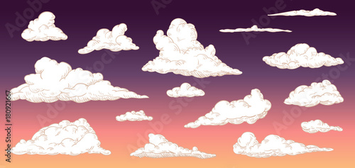 Cartoon clouds on evening sky in vintage retro style. Vector illustration.