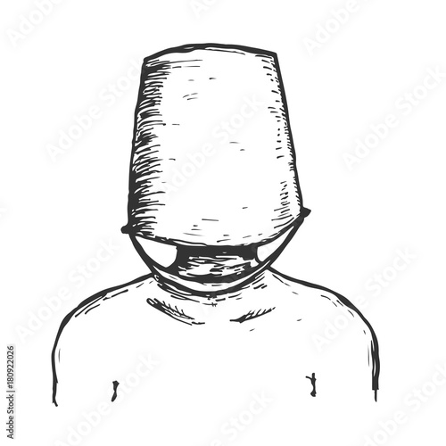 Bucket on head of man in hand drawn vintage style. Sketch vector illustration isolated on white background.
