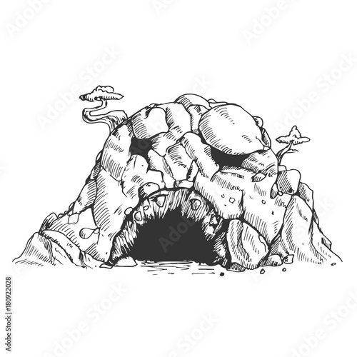Sinister cave in hand drawn vintage style. Sketch vector illustration isolated on white background.