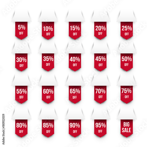 Set of discount labels. Red ribbon or strip for design promote branding, advertising. Vector illustration.