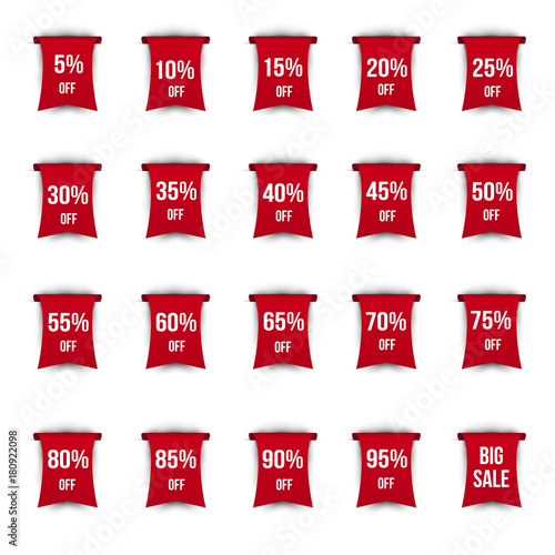 Set of discount labels. Red ribbon or strip for design promote branding, advertising. Vector illustration.