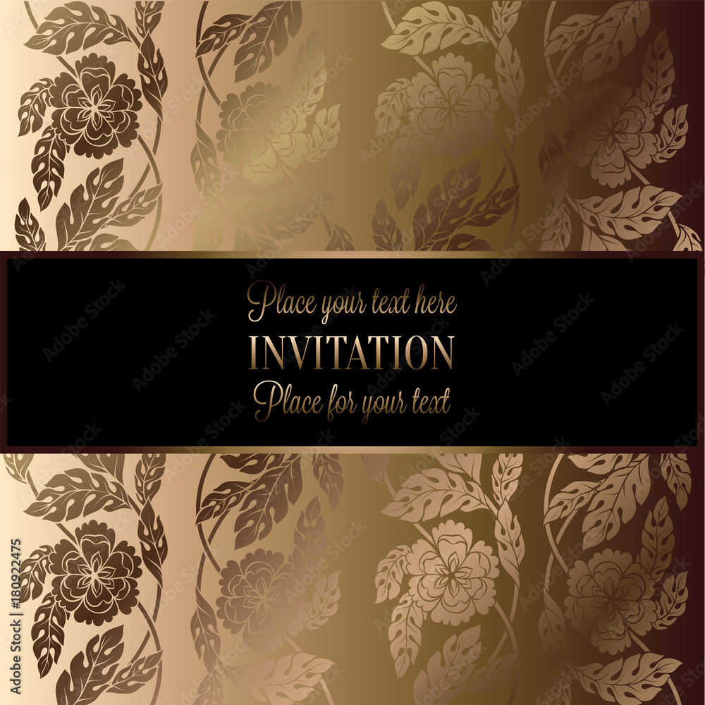 Floral background with antique, luxury black, beige and gold vintage frame, victorian brocade, damask floral wallpaper ornaments, invitation card, baroque style booklet, fashion pattern, template