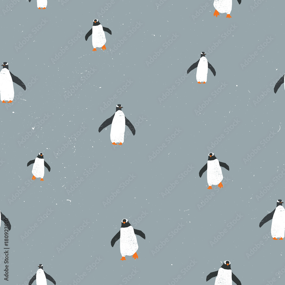 Vector seamless graphic pattern with penguins and grunge texture and snow on background. For placards, brochures, posters, greeting cards, fabrics. Vector seamless graphic pattern with penguins and grunge texture and snow on background. For placards, brochures, posters, greeting cards, fabrics.