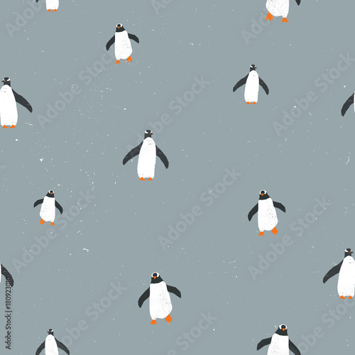 Vector seamless graphic pattern with penguins and grunge texture and snow on background. For placards, brochures, posters, greeting cards, fabrics.