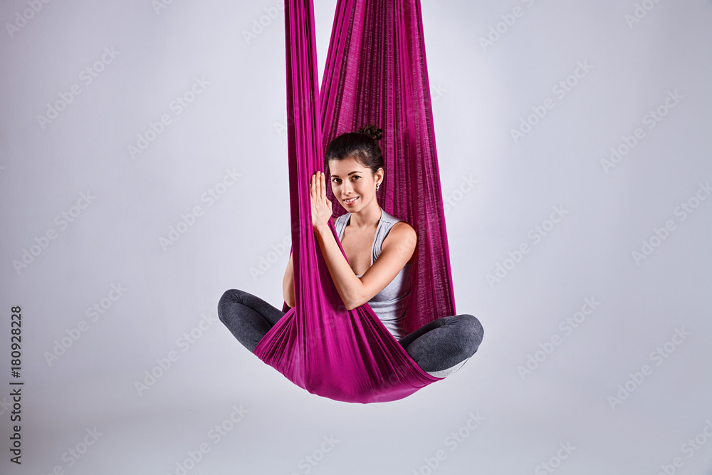 Aerial different inversion yoga in a hammock StockFoto Adobe Stock