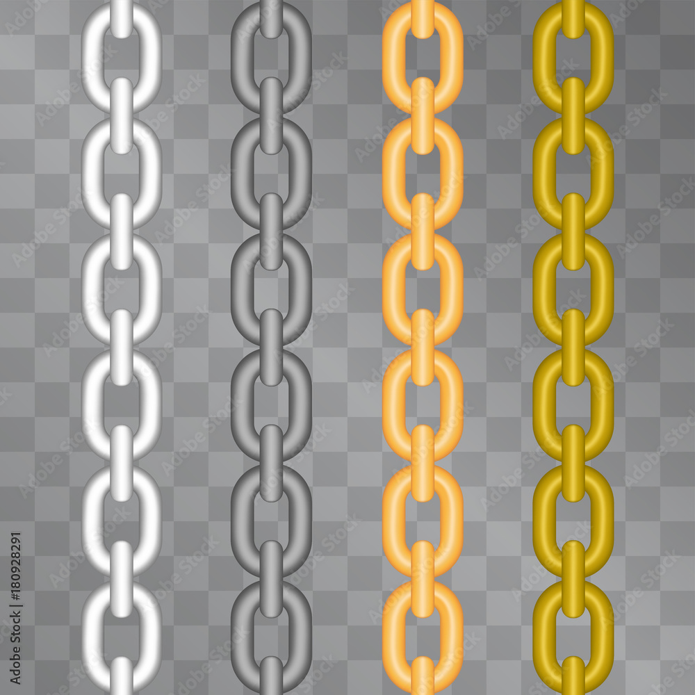 Border chain vector set on transparent background. Silver, copper, steel and golden realistic vertical variants for decorative effect. Connection, luxury, prison symbol. Border chain vector set on transparent background. Silver, copper, steel and golden realistic vertical variants for decorative effect. Connection, luxury, prison symbol.