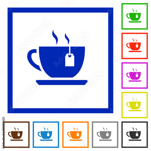 Cup of tea with teabag flat framed icons