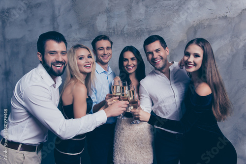 Photography Best six friends in formal wear celebrating new years corporate party, drinking