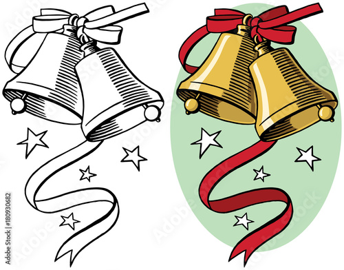 A pair of brass Christmas bells wrapped in a ribbon.