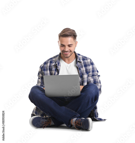 Young man with laptop, isol...