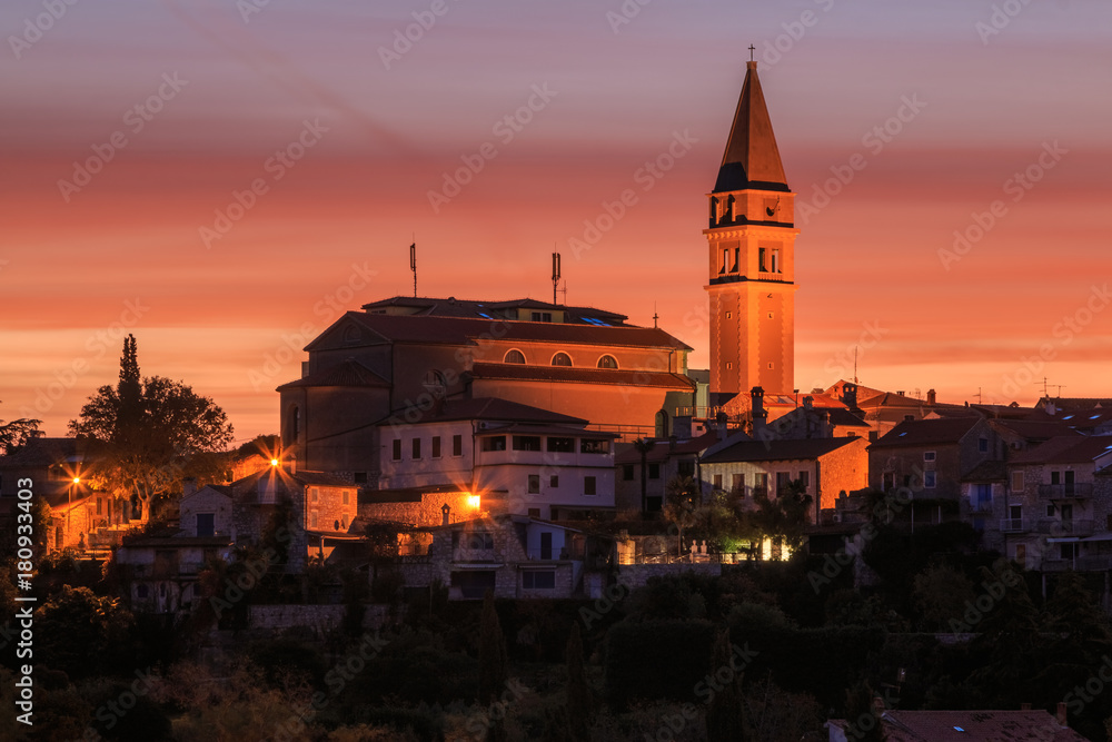 St. Martin church on top of the hill in Croatian coast town Vrsar at dawn