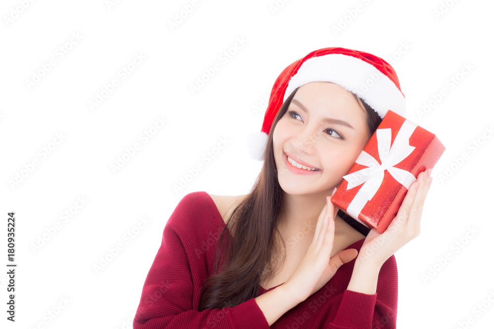 Happy asian woman with smile holding gift box of xmas, Present girl with celebration christmas a holiday, girl with buyer isolated on white background, shopping with season concept. Happy asian woman with smile holding gift box of xmas, Present girl with celebration christmas a holiday, girl with buyer isolated on white background, shopping with season concept.