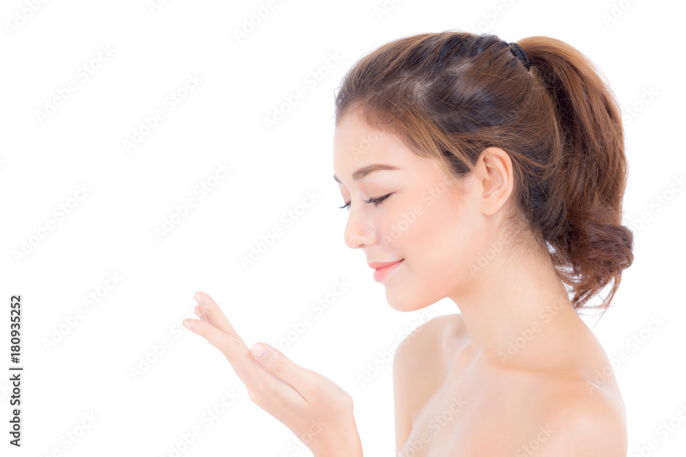 Portrait of beautiful asian woman makeup of cosmetic, girl smell hand and smile attractive, face of beauty perfect with wellness isolated on white background with skin healthcare concept. Portrait of beautiful asian woman makeup of cosmetic, girl smell hand and smile attractive, face of beauty perfect with wellness isolated on white background with skin healthcare concept.