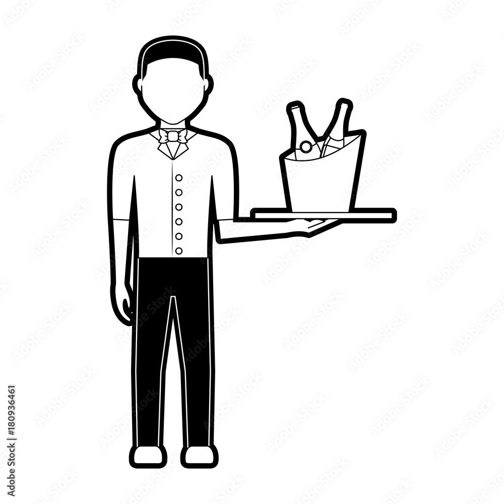 flat line monochromatic waiter man  with  wine cooler over white background  vector illustration