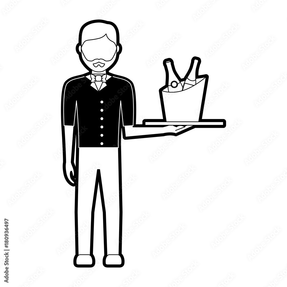 flat line monochromatic waiter man with wine cooler over white background vector illustration flat line monochromatic waiter man with wine cooler over white background vector illustration
