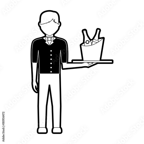 flat line monochromatic waiter man with wine cooler over white background vector illustration