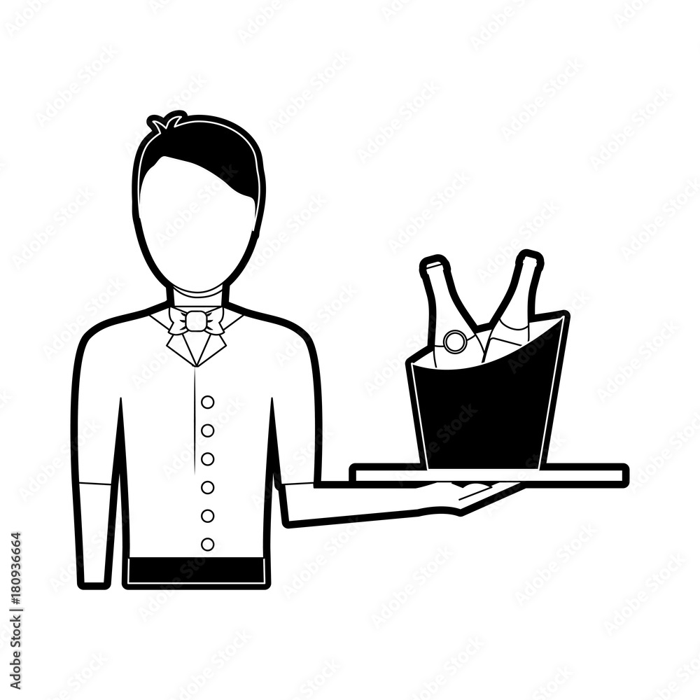 flat line monochromatic waiter man with wine cooler over white background vector illustration flat line monochromatic waiter man with wine cooler over white background vector illustration
