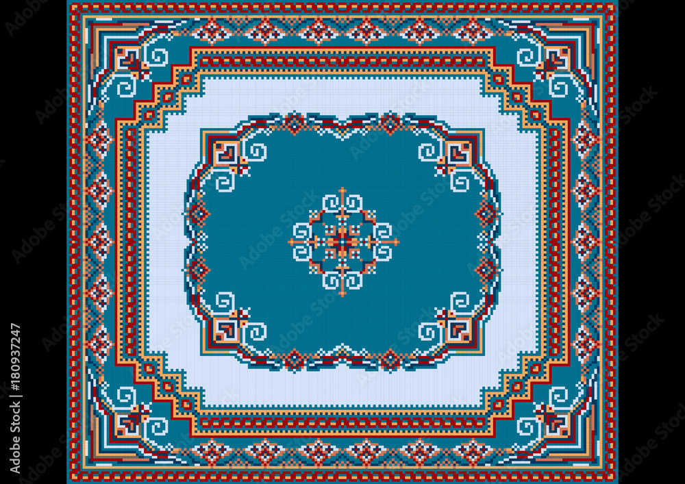  Luxurious vintage carpet with ethnic ornaments on blue and bluish  background