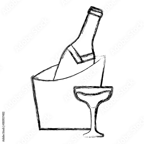 flat line uncolored wine cooler with glass  over white backgound  vector illustration