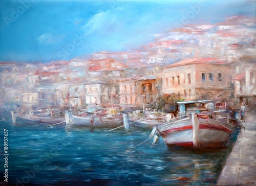 Boats On The Island Harbor,handmade Painting
