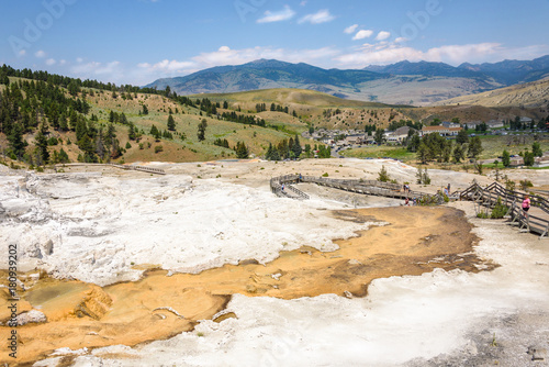 Mammoth Hot Springs town view from Travertine Palette Spring Terrace. Yellowstone Park, USA