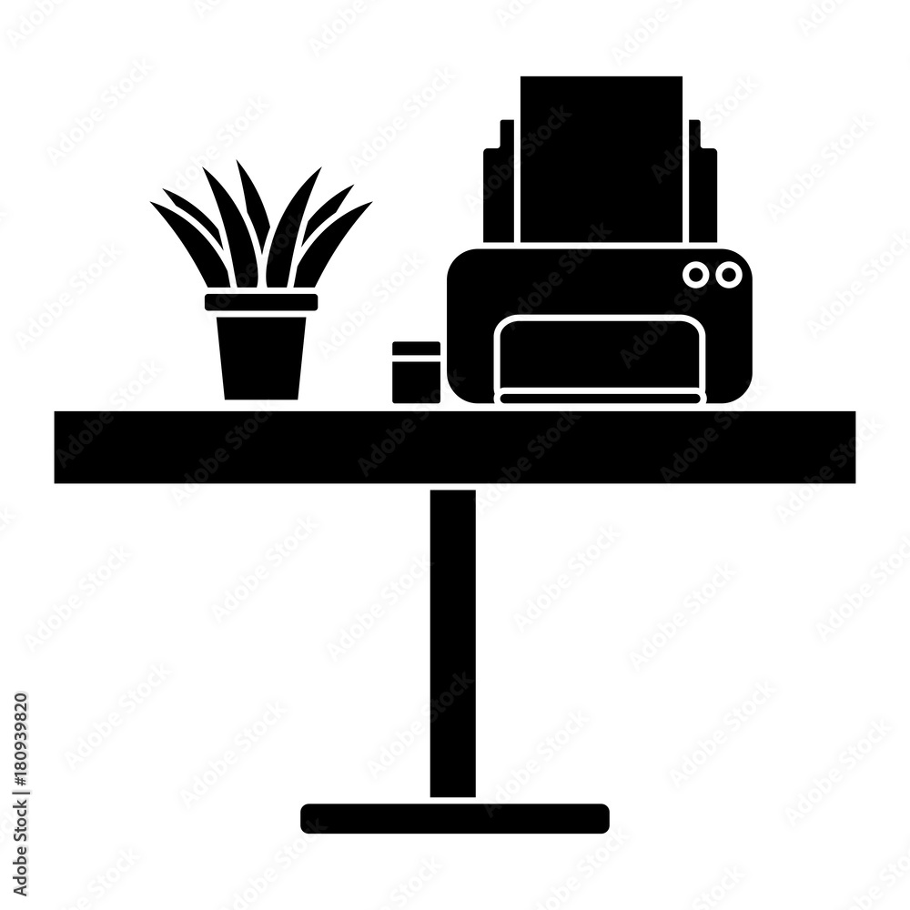 Desk with printer and plant icon vector illustration graphic design Desk with printer and plant icon vector illustration graphic design
