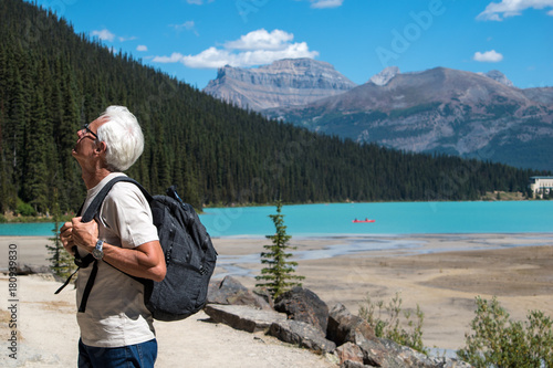 Old man hiking at lake Louise