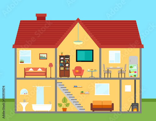 furniture on house in cut with furnishing rooms detailed