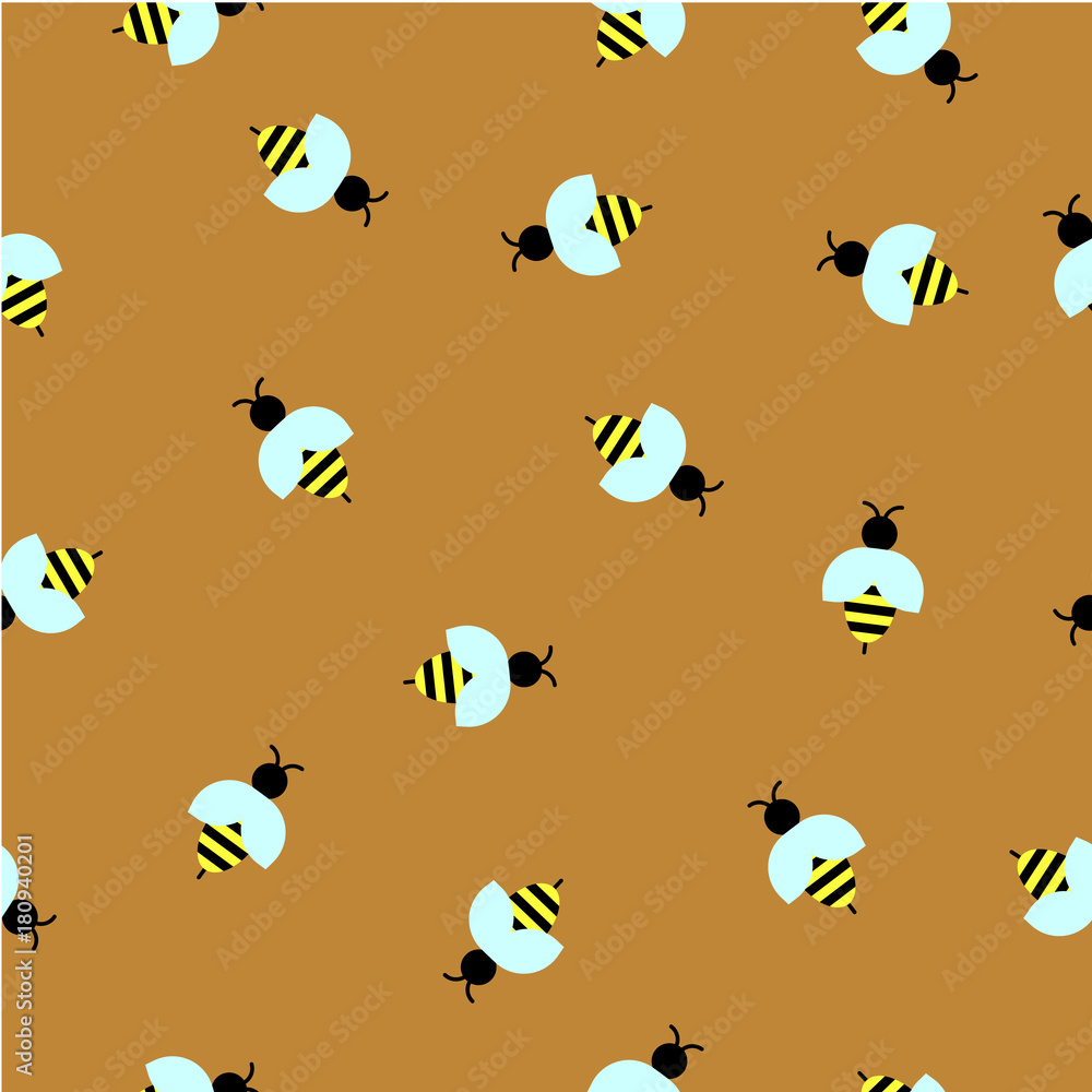 Abstract vector seamless pattern with bees on orange background. Flat illustration of wasps. Color image with flying insects. Hipster filing. Cute and beautiful honey print.