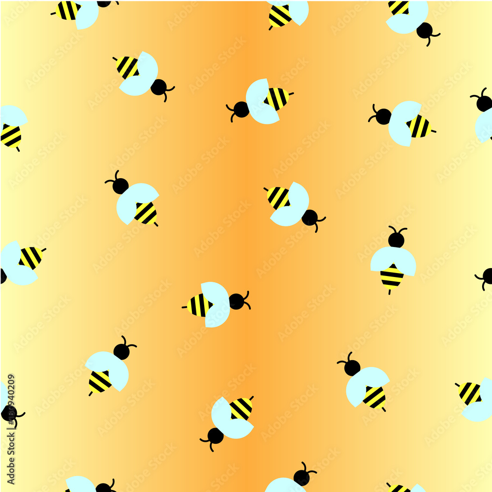 Abstract vector seamless pattern with bees on honey background. Flat illustration of wasps. Color image with flying insects. Hipster filing. Cute and beautiful honey print.