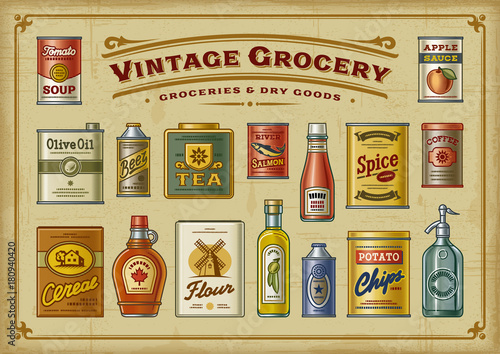 Vintage Grocery Set. Vector illustration in retro woodcut style.