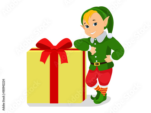 Vector cartoon cute christmas elf with gift box
