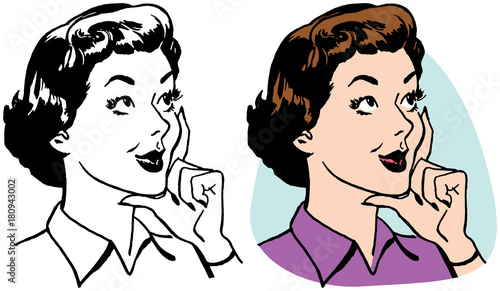 A woman looking up with a bemused expression on her face. 