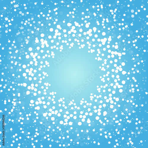 Round snow frame with empty space for your text. Winter frame made of spots or dots of various size. Circle shape. New Year, Christmas abstract background
