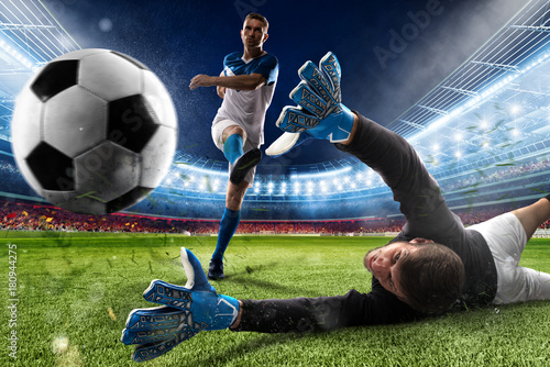 Goalkeeper kicks the ball in the stadium