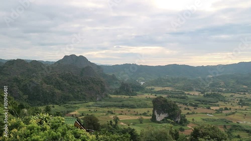 Phu Lang Ka national park, famous mountain view point landscape at sunrise in morning with mist in Phayao Thailand