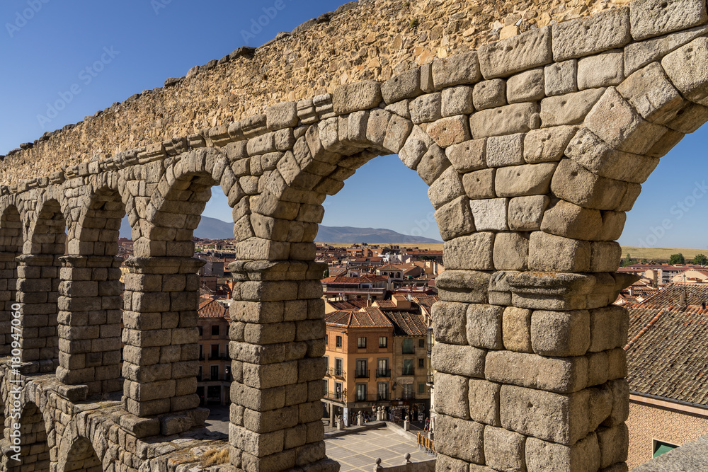 The ancient roman aqueduct bridge in Segovia Spain.