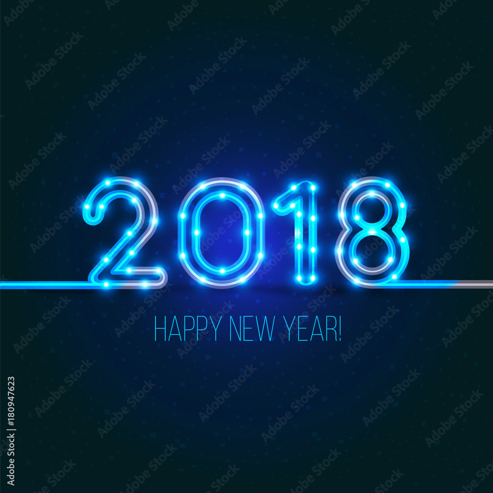 New Year's design. 2018 the year of Fiery Dogs.Vector neon figures with lights. Greeting card background.