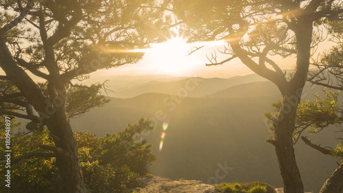 A scenic sunset view of mountain peaks in Western North Carolina.