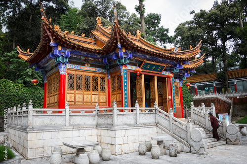 Beautiful, traditional, wooden pavilion in Chinese Buddhist temple