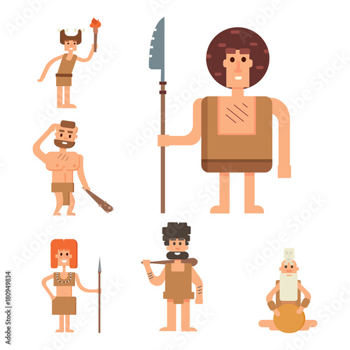 Caveman primitive stone age cartoon neanderthal people character evolution vector illustration.