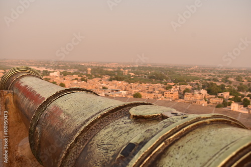 beautiful cannon in put on the top of jaisalmer fort rajasthan india
